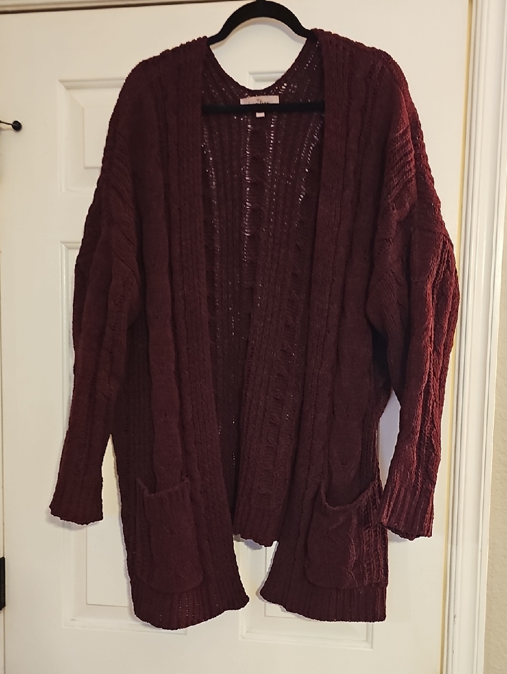 Love Tree Open-Front Cable Knit Cardigan - Burgundy